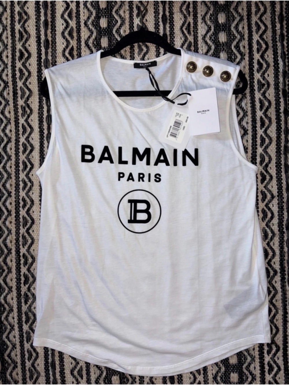 Balmain White Logo Sleeveless Tank with Gold Shoulder Buttons